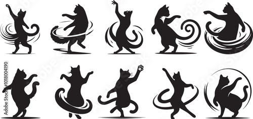 A silhouette of a cat spinning with a paw out as if holding an invisible partner vector style