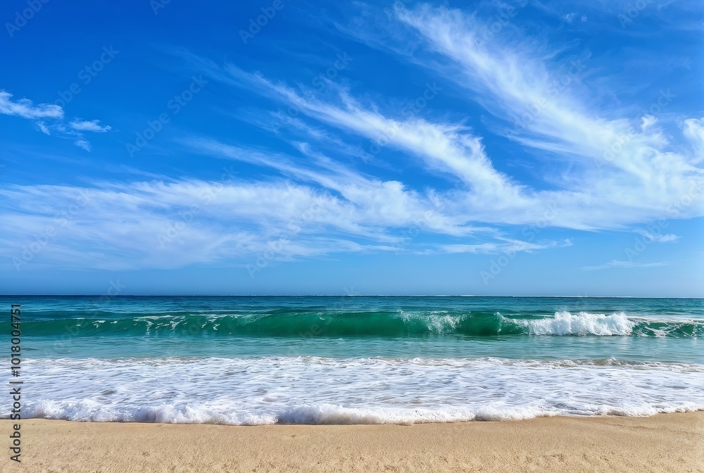 Clear Blue Sky and Turquoise Waves on Sandy Beach Clear Blue Sky and Turquoise Waves on Sandy Beach