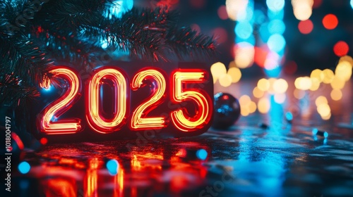 Bright neon 2025 sign surrounded by festive decorations in a vibrant setting during New Year's celebration photo