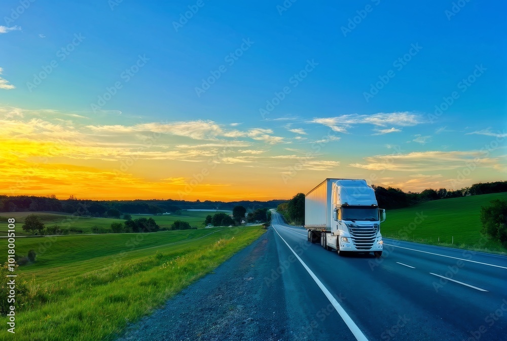 Truck Driving on Empty Highway at Sunset Truck Driving on Empty Highway at Sunset