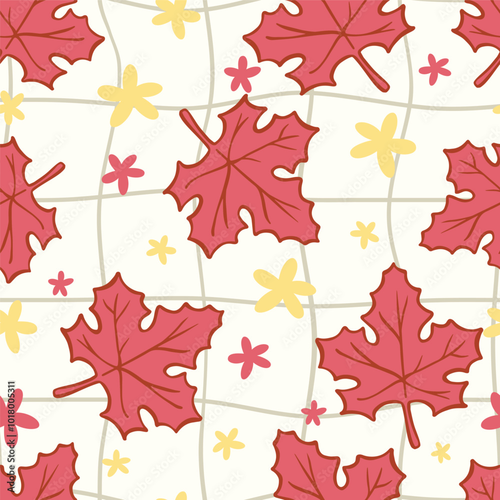 Seamless pattern cartoon of red maple leaf, Colors of fall, autumn and Thanksgiving. Pattern design for fabric, wrapping paper, wallpaper and fashion prints.