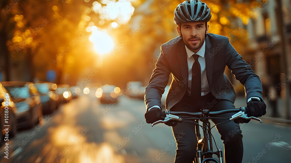 Businessman cycling in a suit during sunset in an urban setting. Businessman cycling in a suit during sunset in an urban setting.