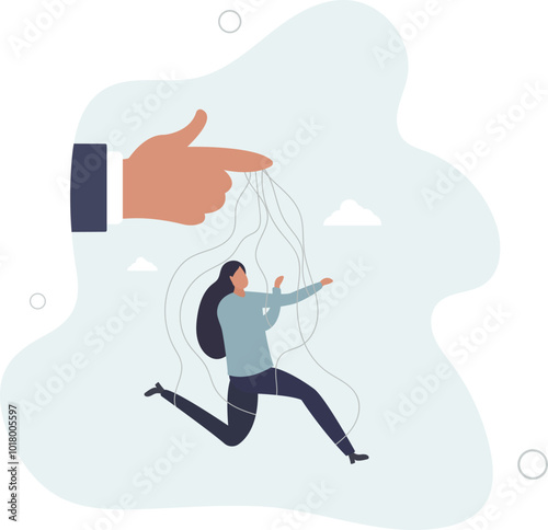 Domination or manipulate by control puppet doll, marionette or exploitation,flat design with people.