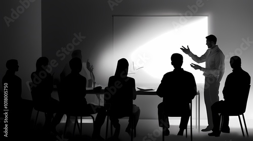 Male presenter passionately engaging a diverse audience in a dimly lit conference room.