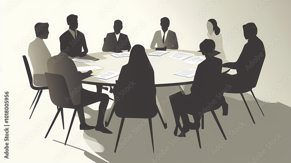 Silhouettes of diverse professionals engaged in a round table meeting.