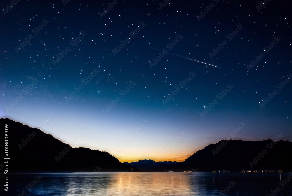 Starry Night Sky Over Calm Lake at Twilight Starry Night Sky Over Calm Lake at Twilight