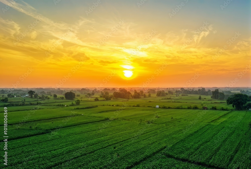 Wide Green Farmland at Sunrise with Clear Sky Wide Green Farmland at Sunrise with Clear Sky