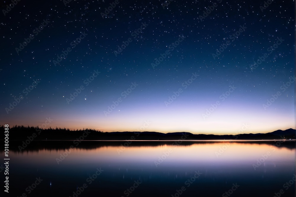 Starry Night Sky Over Calm Lake at Twilight Starry Night Sky Over Calm Lake at Twilight