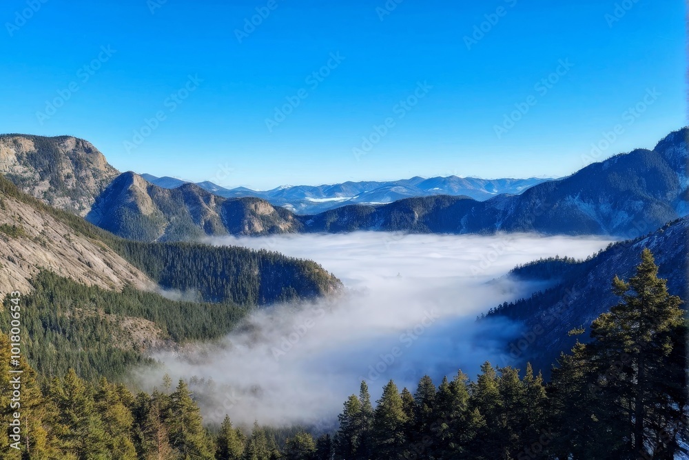 Fototapeta premium Misty Valley Surrounded by Majestic Mountain Peaks