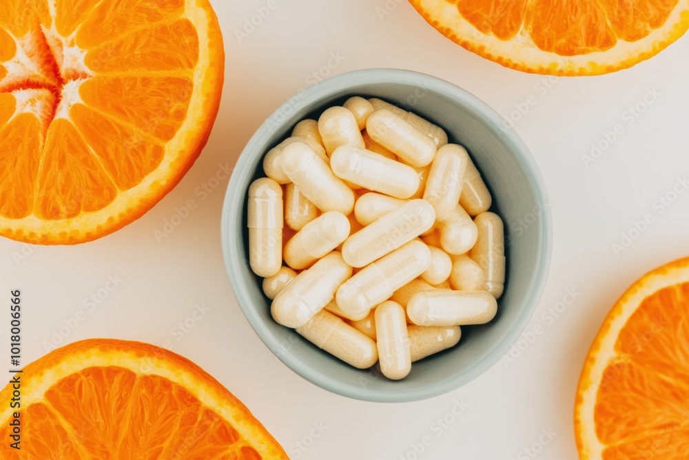 Vitamin capsules in bowl with sliced oranges on white background