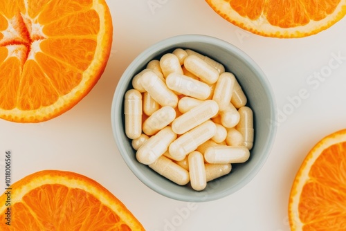 Obraz na płótnie Vitamin capsules in bowl with sliced oranges on white background w salonie