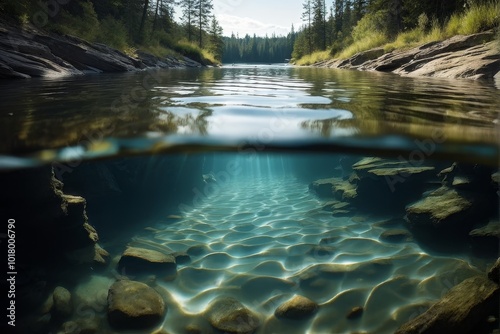 Crystal Clear Lake with Underwater and Above Water View