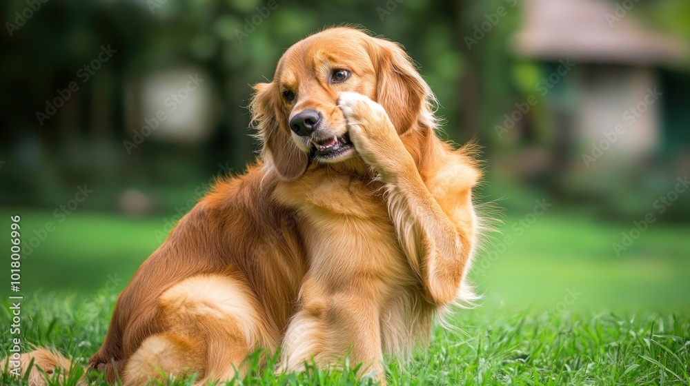 A golden retriever playfully scratching its ear in a lush green garden. A golden retriever playfully scratching its ear in a lush green garden.