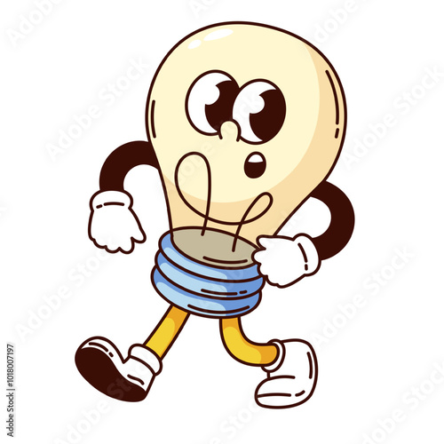 Groovy light bulb cartoon character walking. Funny retro electric bright lightbulb with surprise on face. creative idea, solution mascot, cartoon cute bulb sticker of 70s 80s style vector illustration