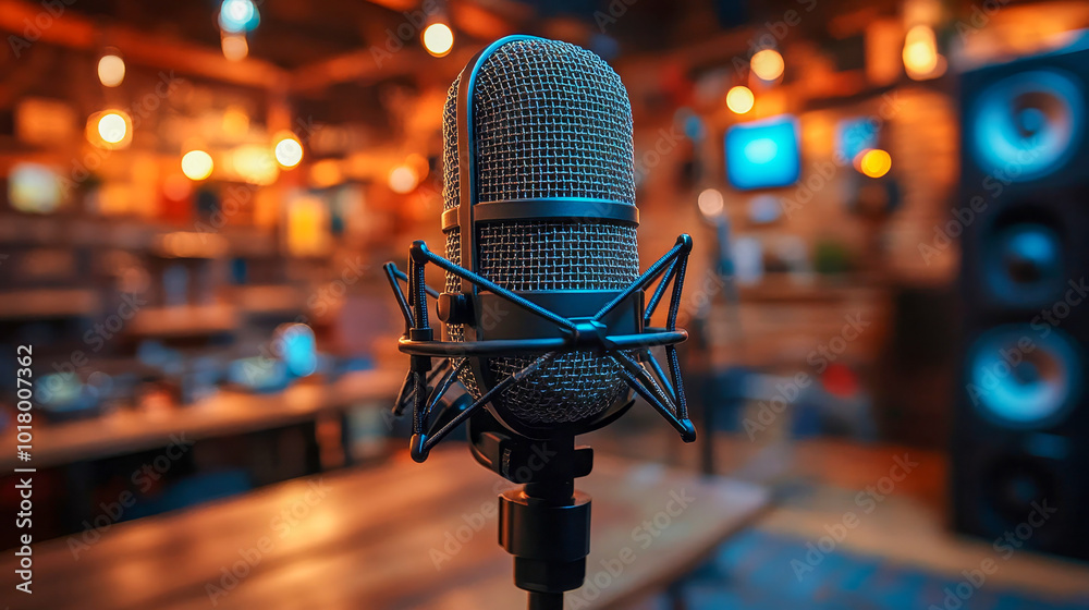 Professional condenser microphone is standing in a recording studio, ready to record a podcast or music Professional condenser microphone is standing in a recording studio, ready to record a podcast or music