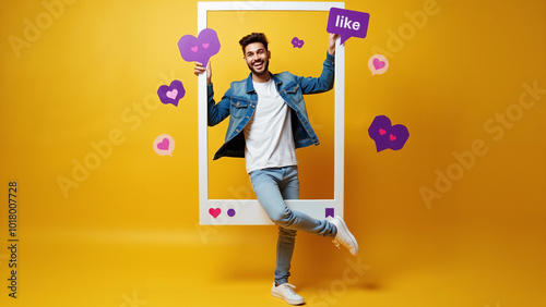 Young Man Interacting with Social Media Frame: Playful Marketing Concept for Digital Campaigns and App Promotions photo