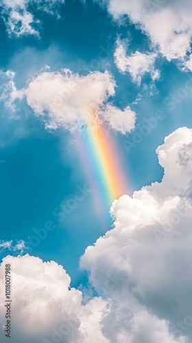 A rainbow arching across the sky, with white clouds in front of it