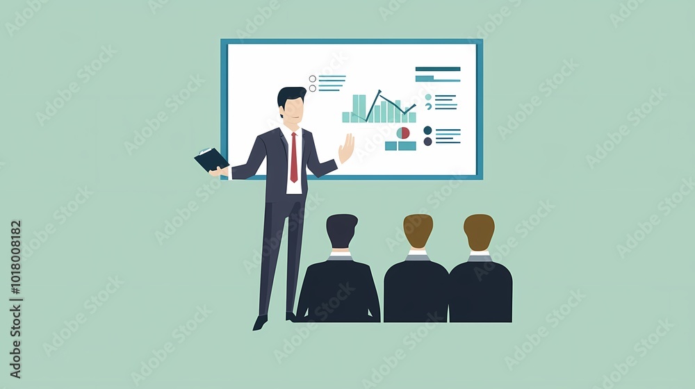 Business professional presenting data to a diverse audience in a modern setting. Business professional presenting data to a diverse audience in a modern setting.