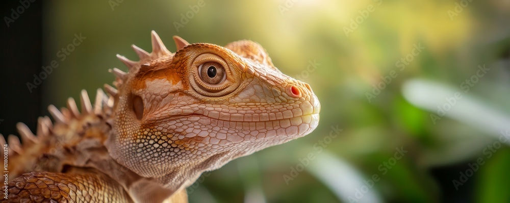 Fototapeta premium Closeup of a Spiny Lizard's Head with a Blurred Green Background