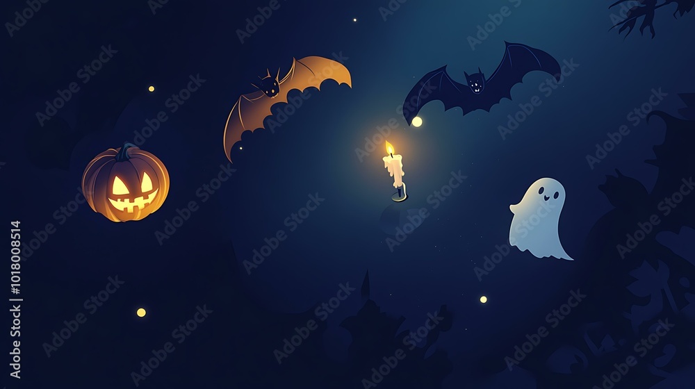 A dark blue background featuring a flying bat, a glowing pumpkin, and a candle lit at midnight. The playful design is adorned with a happy ghost in the corner, creating a festive Halloween atmosphere A dark blue background featuring a flying bat, a glowing pumpkin, and a candle lit at midnight. The playful design is adorned with a happy ghost in the corner, creating a festive Halloween atmosphere