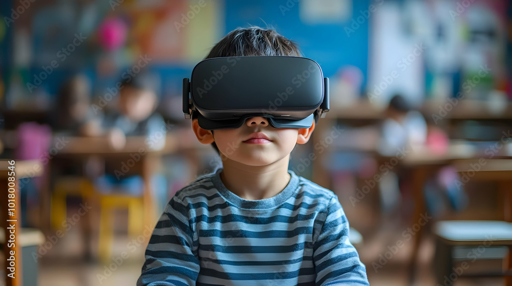 Child wearing VR headset in a classroom setting. Child wearing VR headset in a classroom setting.