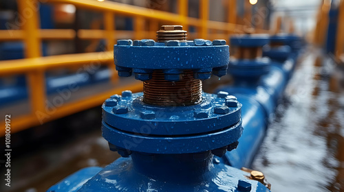 Close-up of a blue industrial valve in a facility.