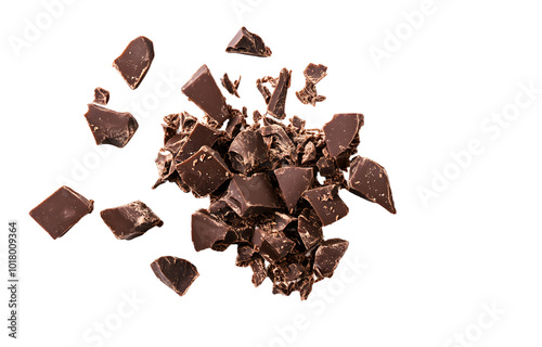 Pile chopped, milled chocolate isolated on white, top view