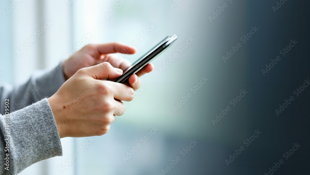 Person interacting with modern smartphone on gradient background: Tech usage, digital lifestyle, mobile app demo Person interacting with modern smartphone on gradient background: Tech usage, digital lifestyle, mobile app demo