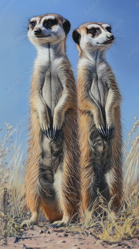 Two meerkats standing upright in a natural setting, alert and observing their surroundings. Two meerkats standing upright in a natural setting, alert and observing their surroundings.