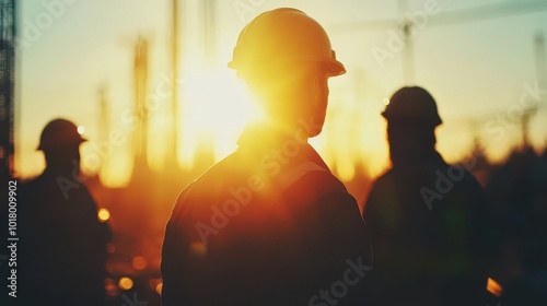 Silhouettes of an engineer and a construction team standing at a worksite, captured against the glowing backdrop of a sunset, symbolizing teamwork, construction, and progress.