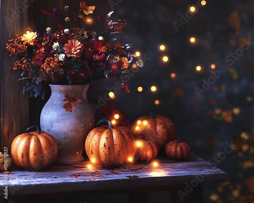 A rustic Thanksgiving side table featuring a vase filled with autumn flowers, decorative pumpkins, and glowing fairy lights. photo