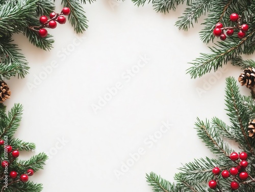 Fir branches with red berries and cones on a white background, creating a stylish Christmas frame. The fresh winter decor in a minimalist style emphasizes the festive mood.