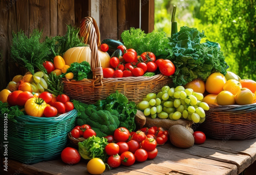 vibrant colorful display fresh farm produce artfully arranged baskets abundance fruits vegetables showcasing palette, farmland, harvest, organic, market
