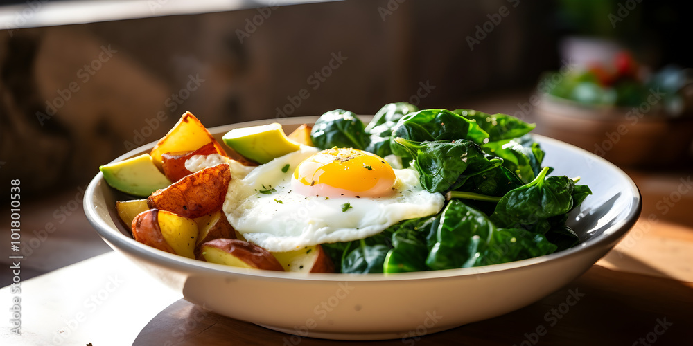 A breakfast plate with crispy roasted potatoes, sunny-side-up eggs, bacon and garnished with fresh vegetables A breakfast plate with crispy roasted potatoes, sunny-side-up eggs, bacon and garnished with fresh vegetables