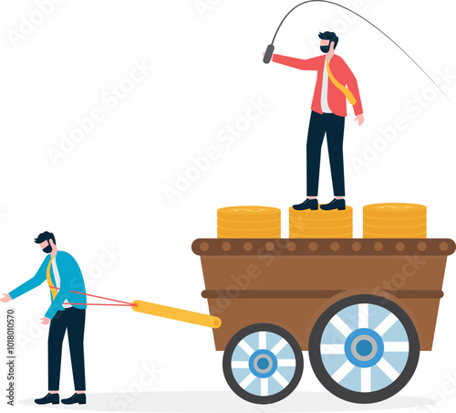 Foreman or slave owner standing on stack of gold coins with whip and beating exhausted businessman or employee, enslaved employee to make money for boss, politics and system.

