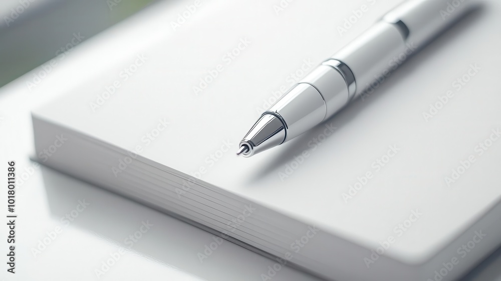Fototapeta premium A sleek silver pen placed on a clean notepad, symbolizing creativity and organization in a minimalist workspace.