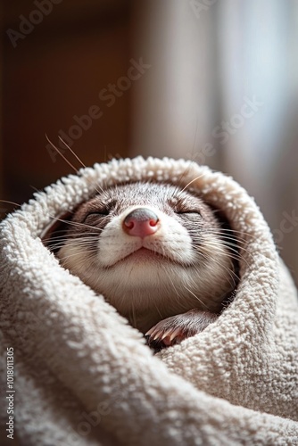 A cozy, wrapped animal with a content expression peeking from a soft blanket.