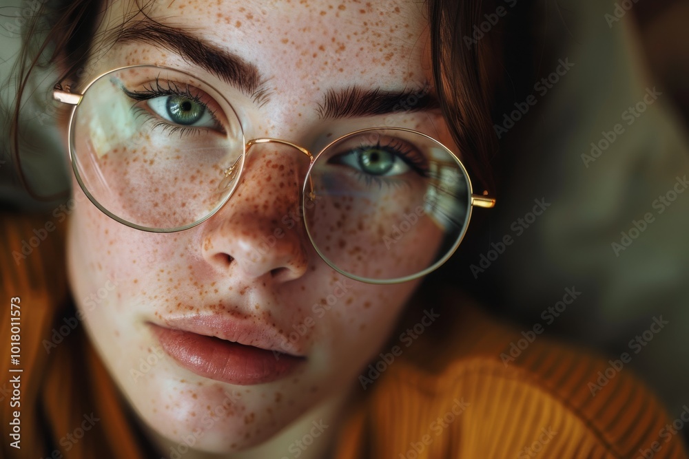 A close-up portrait captures a person with freckles and large glasses, exuding thoughtful introspection in natural light. A close-up portrait captures a person with freckles and large glasses, exuding thoughtful introspection in natural light.