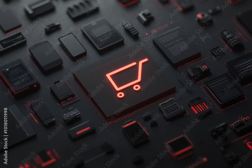 Digital Shopping Cart: A glowing digital shopping cart icon on a dark background filled with various tech gadgets like smartphones, laptops, and accessories. The image conveys the ease of online shopp Digital Shopping Cart: A glowing digital shopping cart icon on a dark background filled with various tech gadgets like smartphones, laptops, and accessories. The image conveys the ease of online shopp