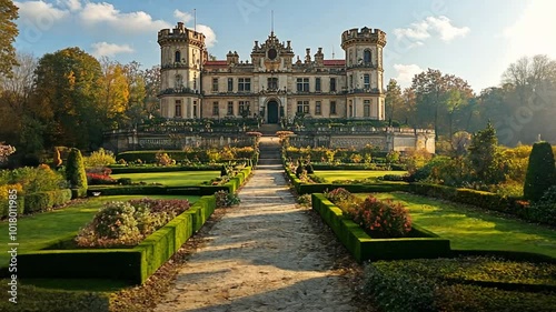 A grand castle surrounded by meticulously landscaped gardens under a clear blue sky footage
