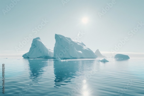 Icebergs stand majestically in calm, icy waters under the sun's watchful glow, a serene spectacle of cold blues and pristine nature's beauty.