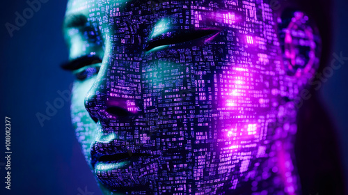 Profile of a woman's face encoded in an intricate matrix of purple light, depicting a fusion of technology and human emotion.