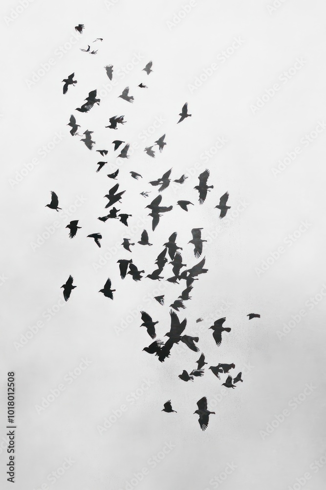 Obraz premium A flock of birds in flight against a cloudy sky, creating a dynamic and serene atmosphere.