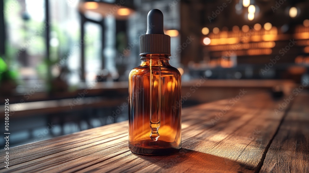 A glass dropper bottle on a wooden table in a cozy setting. A glass dropper bottle on a wooden table in a cozy setting.