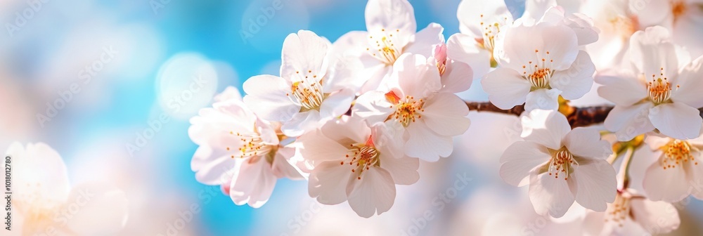 Fototapeta premium Cherry Blossoms in Bloom, delicate petals unfolding under a vibrant blue sky, nature's beauty in full display, springtime serenity captured