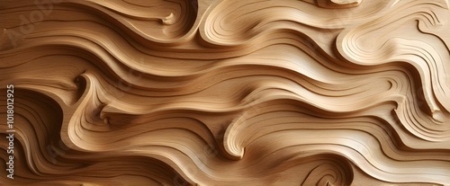 Abstract carving wooden background with organic whimsical shapes, Digital art with flowing lines and smooth curves, creating a sense of movement and fluidity. photo