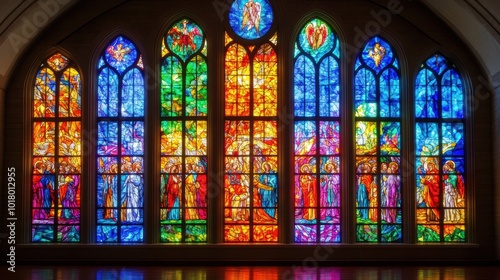 Colorful stained glass window depicting religious scenes and figures.