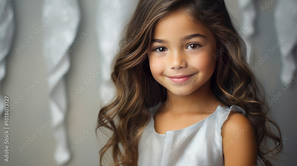 Obraz premium Portrait of smiling latin american girl child silver christmas background.