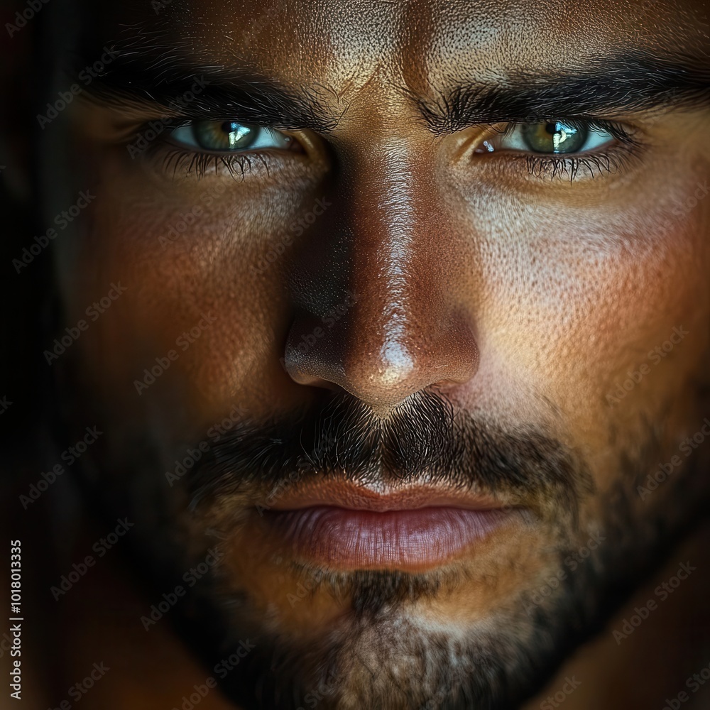 A striking close-up portrait of a serious man with intense green eyes and a rugged beard, showcasing a powerful expression. A striking close-up portrait of a serious man with intense green eyes and a rugged beard, showcasing a powerful expression.