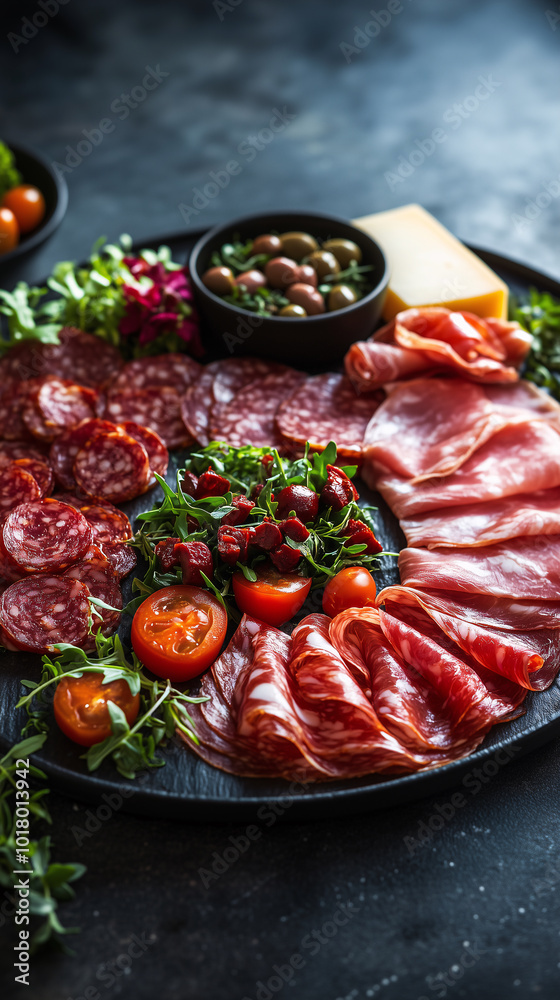 Delicious selection of spanish cured meats, cheese, and olives arranged on a stone serving board, perfect for sharing Delicious selection of spanish cured meats, cheese, and olives arranged on a stone serving board, perfect for sharing